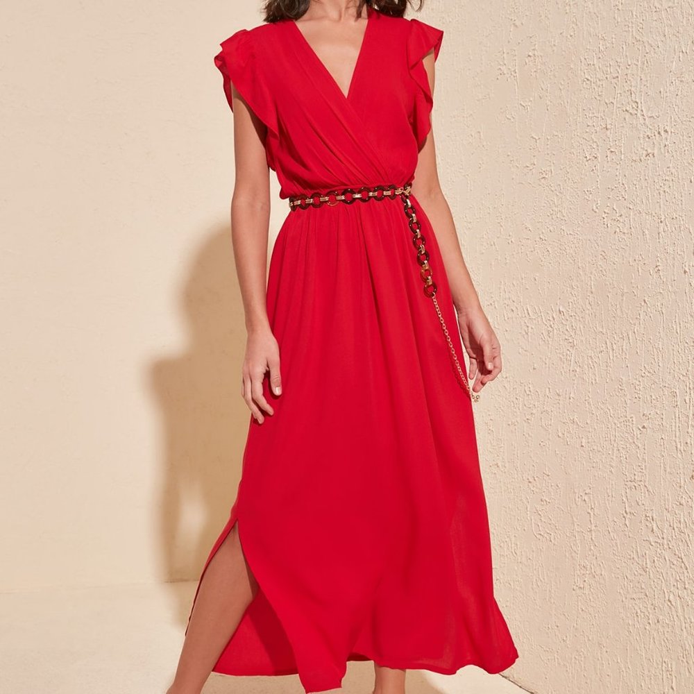 Red V neck Maxi Ruffle Shoulder Sleevless Dress - Picture 2 of 4